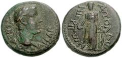 LYDIA, Apollonoshieron. Tiberius. AD 14-37. Æ 18mm (4.10 g, 12h). Laureate head right / Apollo standing facing, holding patera and resting hand on lyre. RPC 3043. Near VF, brown-green patina, rough in