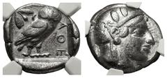 Greek ATTICA, Athens. Circa 454-404 BC. AR Tetradrachm (23.5mm, 17.11 g, 10h). Helmeted head of Athena right, with frontal eye / Owl standing right, head facing, closed tail feathers; olive sprig and 