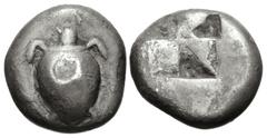 Greek ISLANDS off ATTICA, Aegina. Circa 510-490 BC. AR Stater (17.5mm, 11.47 g). Sea turtle, head in profile, [with thin collar and row of dots down its back] / Incuse square with mill-sail pattern. M