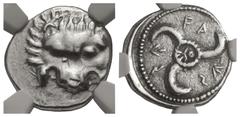 Greek DYNASTS of LYCIA. Vekhssere II. Circa 410/00-390/80 BC. AR Third Stater. Lion scalp facing / Triskeles, monogram(?) in center. Müseler –; Podalia 8–10. In NGC encapsulation 4682226-081, graded V
