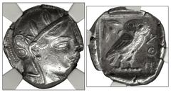Greek ATTICA, Athens. Circa 454-404 BC. AR Tetradrachm (24mm, 17.19 g, 1h). Helmeted head of Athena right, with frontal eye / Owl standing right, head facing, closed tail feathers; olive sprig and cre