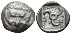Greek DYNASTS of LYCIA. Mithrapata. Circa 390-370 BC. AR Sixth Stater (13.5mm, 1.43 g). Uncertain mint. Lion scalp facing / Triskeles; astragalos in one section; all within incuse square. Müseler VII 
