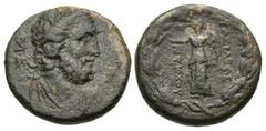 Greek SELEUKID EMPIRE. Antiochos IV Epiphanes. 175-164 BC. Æ (15mm, 4.10 g, 12h). Mallos mint. Laureate and draped of Zeus right; fillet border / Nike standing left, crowning royal name with wreath; a