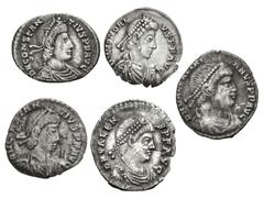 Large Lots ROMAN. Imperial. Lot of five (5) AR Siliqua. Includes: Cosntantius II (2) // Julian II // Valens // Honorius. Flan cracks, porosity, deposits. Near VF to VF. LOT SOLD AS IS, NO RETURNS. Fiv