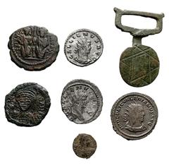 Large Lots MIXED. Roman Imperial–Byzantine. Lot of six (6) coins and one (1) antiquity. Includes: ROMAN IMPERIAL: Valerian I . AR Antoninianus // Gallienus. Antoninianus (2) // Theodosius II. Æ // BYZ