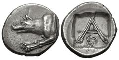 Greek ARGOLIS, Argos. Circa 330-270 BC. AR Triobol – Hemidrachm (15.5mm, 2.73 g, 3h). Forepart of wolf at bay left / Large A; triquetra of crescents below; all within incuse square. BCD Peloponnesos 1