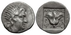 Greek ISLANDS off CARIA, Rhodos. Rhodes. Circa 188-170 BC. AR Drachm (16mm, 2.85 g, 12h). 'Plinthophoric' coinage. Agatharchos, magistrate. Radiate head of Helios right / Rose with bud to right; ΑΓΑΘΑ