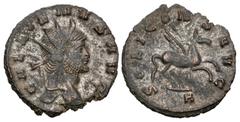 Roman Imperial Gallienus. AD 253-268. Antoninianus (20.5mm, 3.07 g, 6h). "Animal/ Mythical series" issue. Rome mint. 10th emission, AD 267-268. Radiate head right / SOLI CONS AVG, Pegasus springing ri