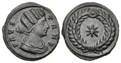 Roman Imperial Fausta. Augusta, AD 324-326. Æ Follis (18.5mm, 3.11 g, 6h). Thessalonica mint. Struck AD 318-319. Draped bust right / Eight-rayed star within wreath. RIC VII 51; LRBC 824. Dark green pa