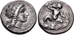 Greek BRUTTIUM, Kroton. Circa 400-325 BC. AR Nomos (19.5mm, 7.44 g, 7h). Head of Apollo right, wearing laurel wreath / The Herakliskos Drakonopnigon: the Infant Herakles, nude, crouching facing on roc