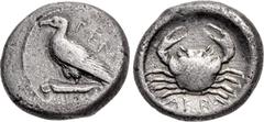 Greek SICILY, Akragas. Circa 450-440 BC. AR Pentalitron – Drachm (14.5mm, 3.95 g, 7h). Sea eagle standing left on Ionic capital; ΠEN (mark of value) above / Crab. Westermark, Period II, 445 (O1/R2); H