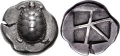 Greek ISLANDS off ATTICA, Aegina. Circa 456/45-431 BC. AR Stater (21.5mm, 12.11 g, 8h). Land tortoise with segmented shell / Large square incuse with heavy skew pattern. Meadows, Aegina, Group IIIb; M