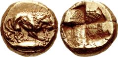 Greek MYSIA, Kyzikos. Circa 450-330 BC. EL Myshemihekte – Twenty-fourth Stater (6.5mm, 0.67 g). Lion standing right, biting into sword (or harpa?), on tunny right / Quadripartite incuse square. Cf. Vo
