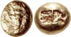 Greek IONIA, Uncertain. Circa 650-600 BC. EL Trite – Third Stater (11.5mm, 4.69 g). Lydo-Milesian standard. Crude chimaira(?) right on striated background / Two incuse squares. Cf. Linzalone 1043 (sta