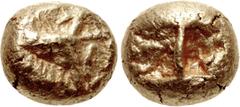 Greek IONIA, Uncertain. Circa 650-600 BC. EL Hekte – Sixth Stater (9mm, 2.35 g). Lydo-Milesian standard. Crude chimaira(?) right on striated background / Two incuse squares. Cf. Linzalone 1043 (stater