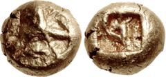 Greek IONIA, Uncertain. Circa 650-600 BC. EL Hemihekte – Twelfth Stater (6.5mm, 1.15 g). Crude chimaira(?) right on striated background / Two incuse squares. Cf. Linzalone 1043 (stater); cf. Gulbenkia