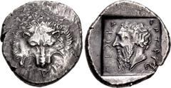 Greek DYNASTS of LYCIA. Mithrapata. Circa 390-370 BC. AR Stater (23.5mm, 9.76 g, 11h). Facing lion scalp, M horizontally oriented on right cheek; triskeles below / Head of Mithrapata left; MITHRAPATA 