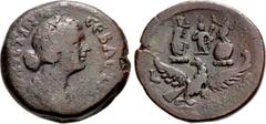 Roman Provincial EGYPT, Alexandria. Faustina Junior. Augusta, AD 147-175. Æ Drachm (32mm, 22.19 g, 12h). Dated RY 6 of Marcus Aurelius (AD 165/6). Draped bust right / Statuette of Harpokrates-Herakles
