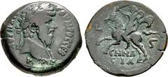 Roman Provincial EGYPT, Alexandria. Lucius Verus. AD 161-169. Æ Drachm (33mm, 23.53 g, 12h). Dated RY 6 (AD 165/166). Laureate bust right, slight drapery / Semasia on horseback riding left, wearing el