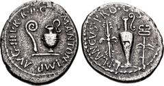 Roman Republican The Triumvirs. Mark Antony. Early summer 40 BC. AR Denarius (18mm, 3.71 g, 12h). Military mint traveling with Antony in Greece; L. Munatius Plancus, moneyer. Lituus and capis / Sacrif