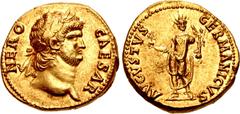 Roman Imperial Nero. AD 54-68. AV Aureus (18.5mm, 7.28 g, 5h). Rome mint. Struck circa AD 64-65. NERO CAESAR, laureate head right / AVGVSTVS GERMANICVS, Nero, radiate and togate, standing facing, left