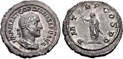 Roman Imperial Gordian I. AD 238. AR Denarius (21mm, 3.45 g, 6h). Rome mint. Struck 1-22 April. IMP M ANT GORDIANVS AFR AVG, laureate, draped, and cuirassed bust right / P M T R P COS P P, Gordian I, 