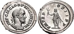Roman Imperial Pupienus. AD 238. AR Denarius (21mm, 2.67 g, 6h). Rome mint. 1st emission. Laureate, draped, and cuirassed bust right / Pupienus standing left, holding branch and parazonium. RIC IV 5; 