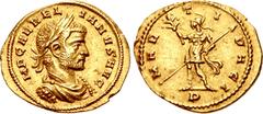 Roman Imperial Aurelian. AD 270-275. AV Aureus (21.5mm, 4.57 g, 6h). Mediolanum (Milan) mint. 1st emission, end AD 270. IMP C AVREL IANVS AVG, laureate, draped, and cuirassed bust right / MAR T I PACI