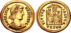 Roman Imperial Gratian. AD 367-383. AV Solidus (21mm, 4.51 g, 5h). Thessalonica mint. Struck AD 379. Pearl-diademed, draped, and cuirassed bust right / Gratian and a smaller Valentinian II seated faci