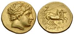 Greek KINGS of MACEDON. temp. Philip III – Kassander. Circa 323/2-315 BC. AV Stater (19mm, 8.58 g, 7h). In the name and types of Philip II. Pella mint. Laureate head of Apollo right / Charioteer drivi