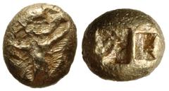 Greek IONIA, Uncertain. Circa 650-600 BC. EL Hekte – Sixth Stater (9mm, 2.34 g). Lydo-Milesian standard. Crude chimaira(?) right on striated background / Two incuse squares. Cf. Linzalone 1043 (stater