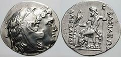 Estimate $300 MACEDON, Kings of. Alexander III. 336-323 BC. AR Tetradrachm (16.51 gm). Kabyle mint. Struck 225-215 BC. Head of Herakles right, wearing lion's skin headdress / Zeus seated left, holding