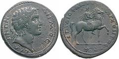Estimate $1500 LYDIA, Sala. Quasi-Autonomous. Time of Elagabalus. Circa 218-222 AD. Æ 35mm (25.22 gm). Laureate head of Demos right / Zeus Labraundos on horseback right, holding double-axe over far sh