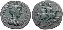 Estimate $200 LYCIA, Kyane. Tranquillina, wife of Gordian III. Æ 31mm (18.59 gm). Diademed and draped bust right, resting on a crescent / Horseman, wearing crested helmet, galloping right, throwing ja