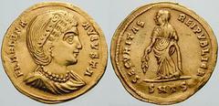 Estimate $10000 HELENA, mother of Constantine I. AV Solidus (4.30 gm). Struck 326. Thessalonica mint. Diademed and mantled bust right, wearing double-strand pearl necklace / Helena standing left, hold