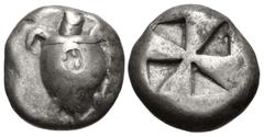 Greek ISLANDS off ATTICA, Aegina. Circa 510-490 BC. AR Stater (17mm, 11.98 g). Sea turtle, head in profile, with thin collar and [row of dots down its back] / Incuse square with mill-sail pattern. Mea