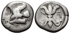 Greek ELIS, Olympia. 78th-82nd Olympiad. 468-452 BC. AR Hemidrachm (14mm, 2.84 g, 1h). Eagle, with wings displayed above, standing left on, and tearing at, dead hare left / Thunderbolt, with wings abo