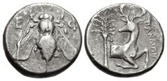 Greek IONIA, Ephesos. Circa 390-325 BC. AR Tetradrachm (22mm, 15.24 g, 1h). Pandion, magistrate. Struck circa 380-370 BC. Bee with straight wings / Forepart of stag right; palm tree to left, ΠANΔIΩN t