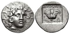 Greek ISLANDS off CARIA, Rhodos. Rhodes. Circa 125-88 BC. AR Hemidrachm (13mm, 1.51 g, 12h). 'Plinthophoric' coinage. Antipatros, magistrate. Radiate head of Helios facing slightly right / Rose with b