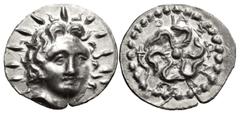 Greek ISLANDS off CARIA, Rhodos. Rhodes. Circa 88/42 BC-AD 14. AR Drachm (20.5mm, 4.05 g). Attic standard. Iason, magistrate. Radiate head of Helios facing slightly right / Rose seen from above; IAΣΩN