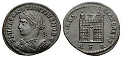Roman Imperial Constantius II. As Caesar, AD 324-337. Æ Follis (20mm, 3.09 g, 12h). Rome mint, 4th officina. Struck AD 329-330. Laureate, draped, and cuirassed bust left / Camp gate, two turrets, no d