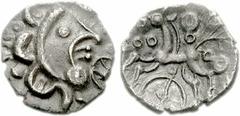 CELTIC, Britain. Dobunni. Uninscribed. Circa 35-30 BC. AR Unit (0.85 g, 11h). Celticized head right, pellet on chin; wheel to right / Celticized horse left; wheel below, annulets around. Van Arsdell 1