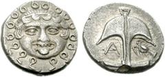 THRACE, Apollonia Pontika. Mid-late 4th century BC. AR Drachm (3.24 g, 7h). Facing gorgoneion / Upright anchor; A and crayfish flanking. SNG BM Black Sea 159; SNG Copenhagen 456. Good VF, toned. The 5