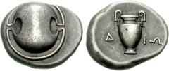 BOEOTIA, Thebes. Circa 395-338 BC. AR Stater (12.02 g). Dio-, magistrate. Struck circa 390-382 BC. Boeotian shield / Amphora; Δ-IΩ across field; all within incuse concave circle. Hepworth 30 (illustra