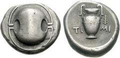 BOEOTIA, Thebes. Circa 395-338 BC. AR Stater (12.20 g). Timi-, magistrate. Struck circa 390-382 BC. Boeotian shield / Amphora; TI-MI across field, club to upper right; all within incuse concave circle