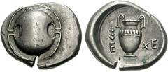 BOEOTIA, Thebes. Circa 395-338 BC. AR Stater (12.16 g). Eche-, magistrate. Struck circa 390-382 BC. Boeotian shield / Amphora; club to upper left, EX-E across field; all within incuse concave circle. 