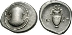 BOEOTIA, Thebes. Circa 395-338 BC. AR Stater (12.23 g). (W)ast-, magistrate. Struck circa 390-382 BC. Boeotian shield / Amphora, ivy branch with four leaves and berries sprouting forth above; FA-ΣT ac