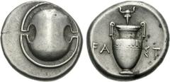 BOEOTIA, Thebes. Circa 395-338 BC. AR Stater (12.07 g). (W)ast-, magistrate. Struck circa 390-382 BC. Boeotian shield / Amphora; bucranium above, FA-ΣT across field; all within incuse concave circle. 