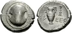 BOEOTIA, Thebes. Circa 395-338 BC. AR Stater (12.11 g). Klees-, magistrate. Struck circa 379-368 BC. Boeotian shield / Amphora; incense burner to upper right, K6-EEß across field; all within incuse co