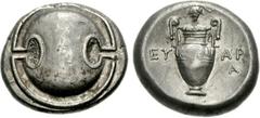 BOEOTIA, Thebes. Circa 395-338 BC. AR Stater (12.24 g). Eu(w)ara-, magistrate. Struck circa 363-338 BC. Boeotian shield / Amphora; [club] and grape bunch on vine above, EY-AP/A in two lines across fie